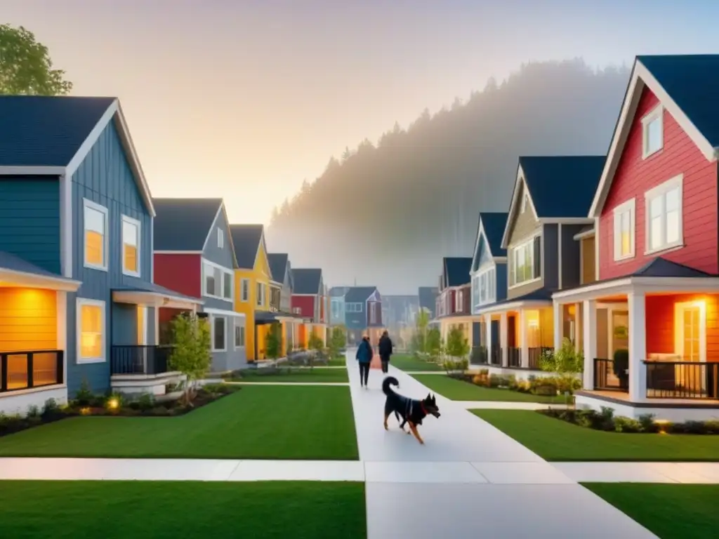 Barrio moderno y diverso: arquitectura contemporánea y vida comunitaria Una comunidad diversa y moderna en armonía, reflejando el impacto de las políticas de vivienda en la elección del hogar