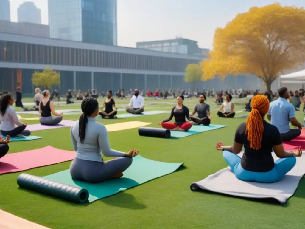 Comunidad vibrante y diversa en parque urbano moderno Una comunidad diversa y vibrante se reúne en un parque urbano moderno, practicando yoga, haciendo picnics y tocando música