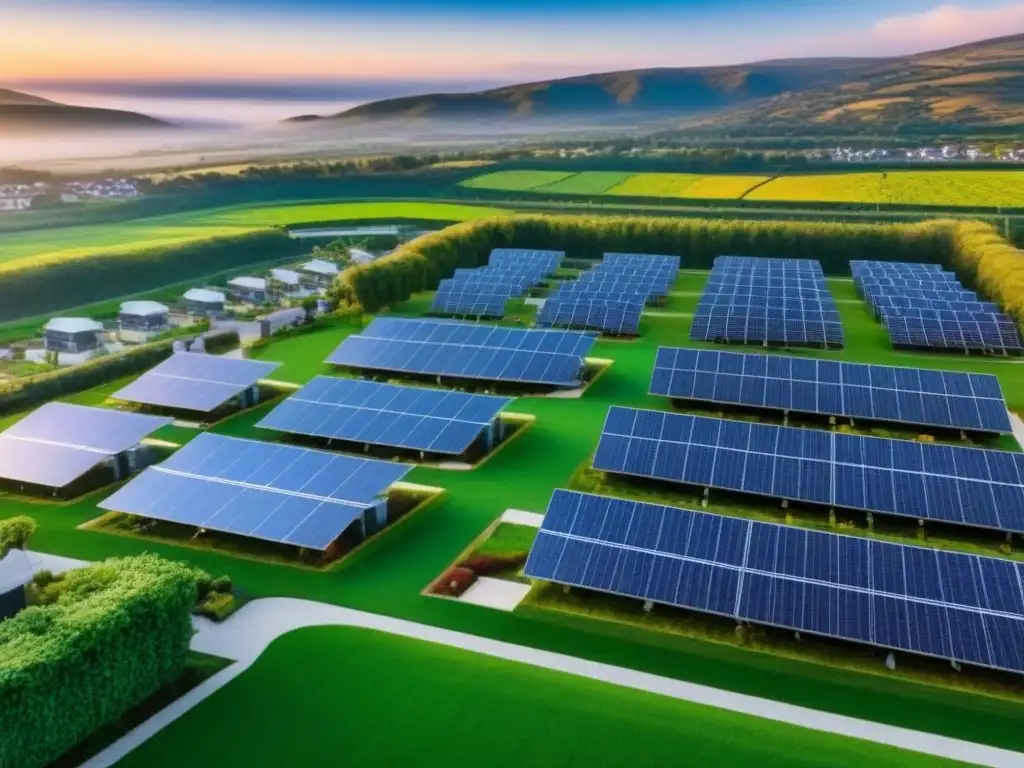 Eco Comunidad: Integración solar, eólica y vehículos eléctricos Una comunidad ecoamigable con paneles solares, turbinas eólicas y estaciones de carga para autos eléctricos al atardecer
