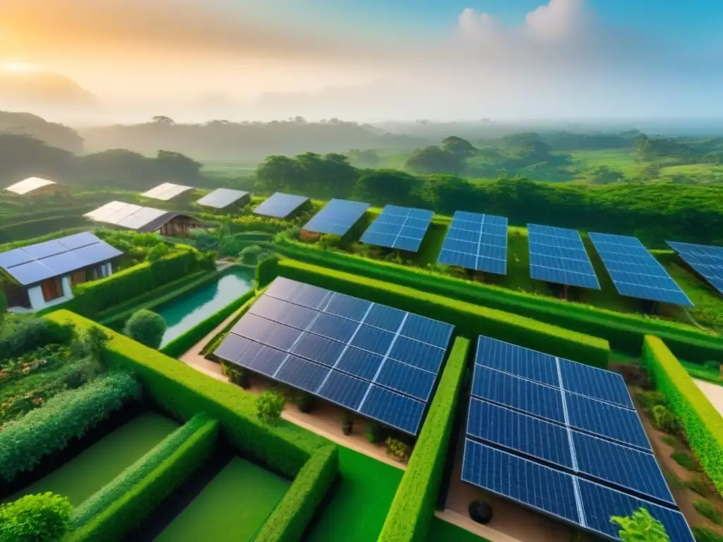 Comunidad ecológica: arquitectura moderna en armonía con la naturaleza Una comunidad ecológica con paneles solares brillantes, jardines vibrantes y arquitectura moderna integrada con la naturaleza