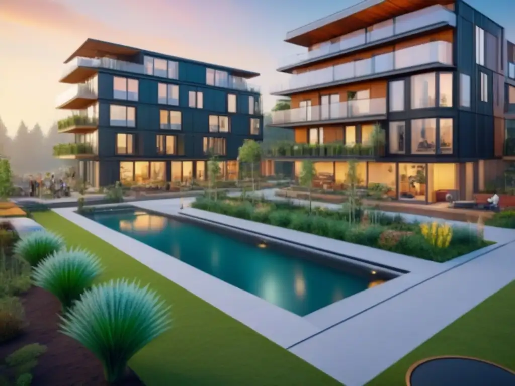Comunidad eco-sostenible del futuro: convivencia y naturaleza en armonía Una comunidad futurista de cohousing con arquitectura sostenible, espacios verdes y residentes disfrutando de actividades al aire libre al atardecer