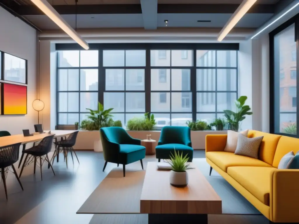 Comunidad dinámica en coworking vibrante Una comunidad internacional vibrante y bulliciosa de profesionales colaborando y conectando en un espacio de coworking contemporáneo y elegante