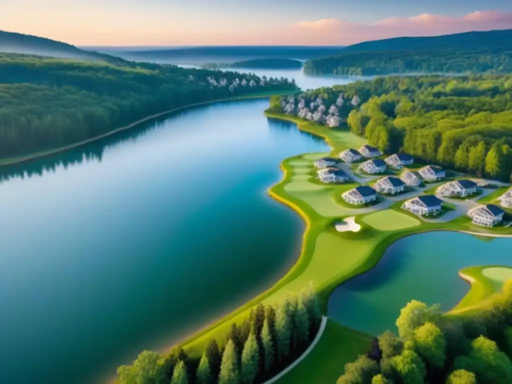 Comunidad de segundas residencias en lago: atardecer dorado y vida activa Comunidad lacustre en Norteamérica con impacto económico de segundas residencias