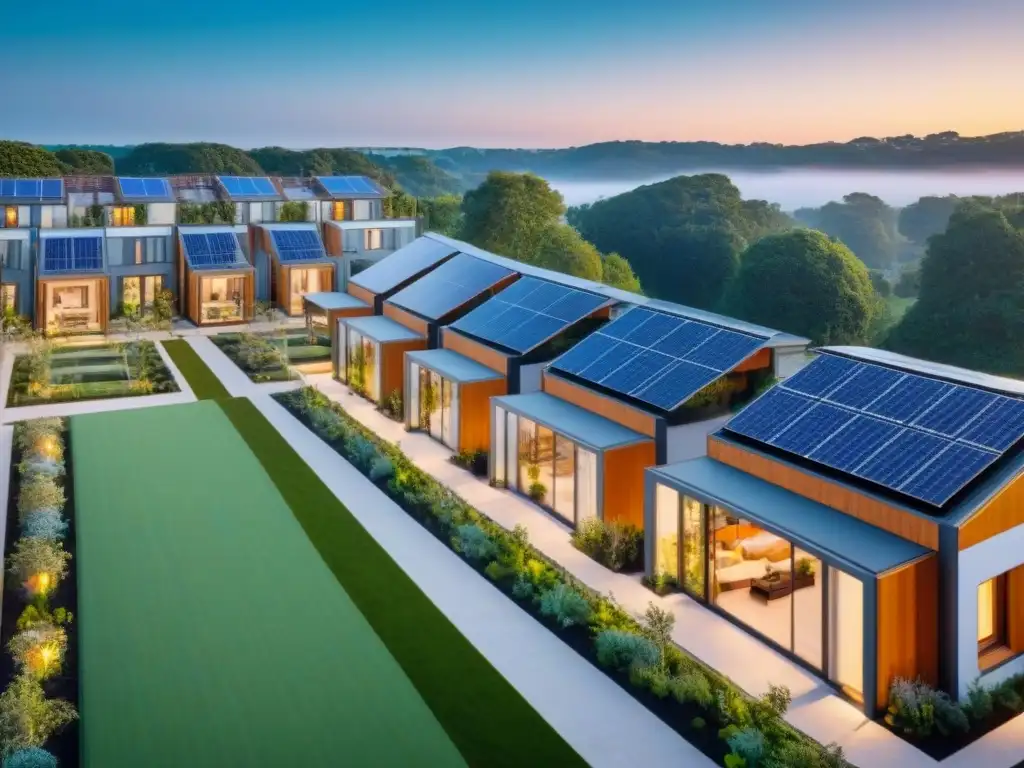 Comunidad eco sostenible: arquitectura moderna y vida comunitaria vibrante Una comunidad de cohousing moderna con arquitectura sostenible, espacios verdes y residentes activos