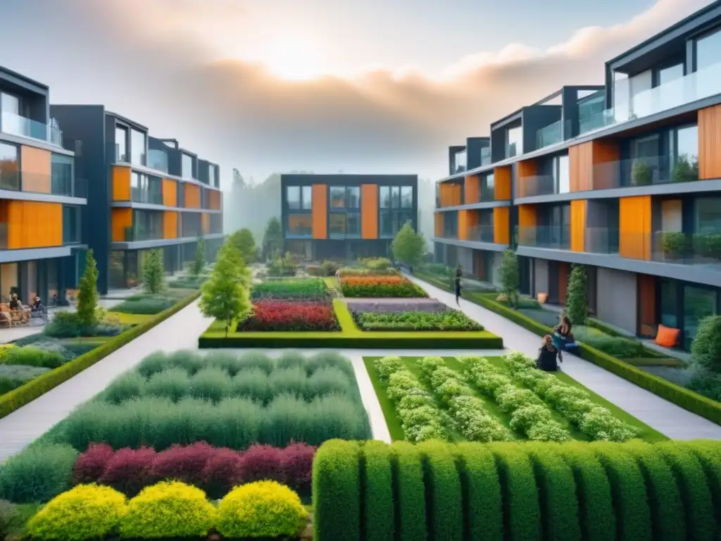 Vibrante cohousing urbano: comunidad colaborativa en armonía Una comunidad de cohousing moderna en la ciudad, resaltando la vida comunitaria y el diseño arquitectónico