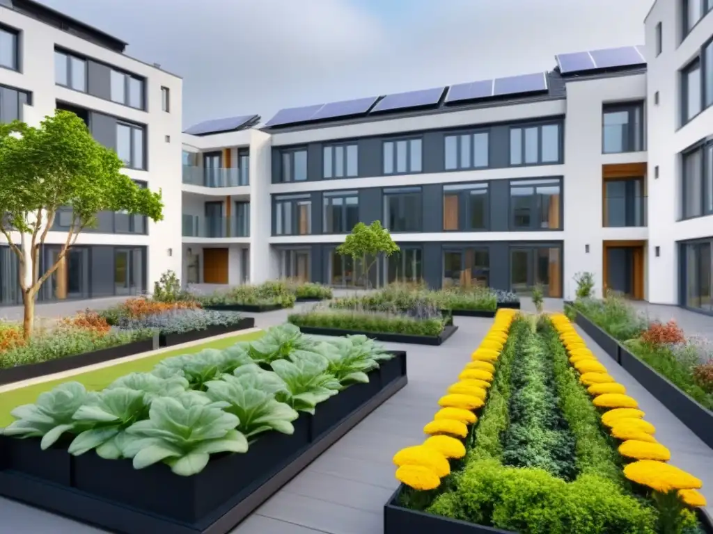 Comunidad ecológica con diseño sostenible y actividades compartidas Una comunidad moderna de cohousing con diseño sostenible, residentes diversos compartiendo actividades como jardinería y comidas