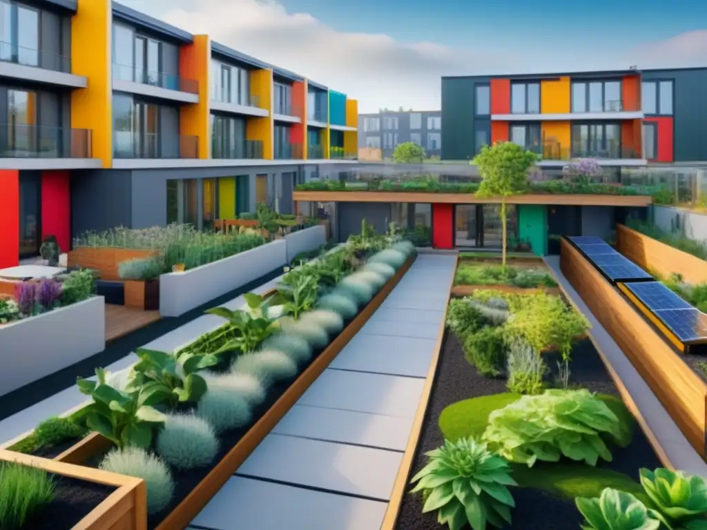 Comunidad sostenible: convivencia y armonía entre familias diversas Una comunidad de cohousing moderna y diversa, con actividades comunitarias y espacios sostenibles
