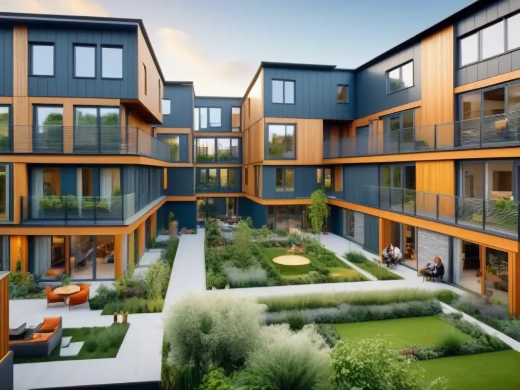 Comunidad de convivencia: diversidad, naturaleza y sostenibilidad Una comunidad de cohousing moderna y diversa, con residentes compartiendo actividades y espacios comunes