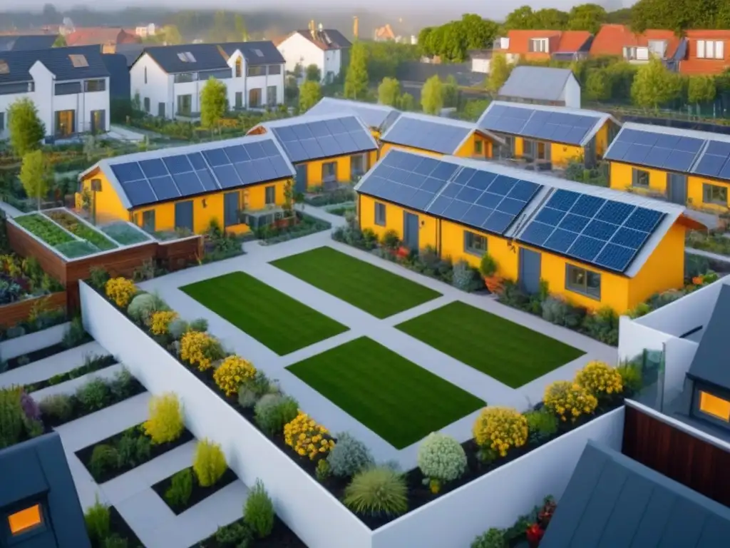 Comunidad sostenible y unida al anochecer Una comunidad de cohousing moderna al anochecer, con jardines en los techos y espacios comunes iluminados