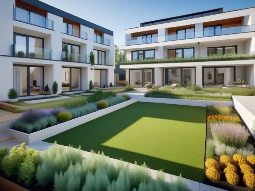 Cohousing contemporáneo: comunidad urbana y conectada Una comunidad de cohousing moderna y lujosa con arquitectura elegante y exuberante vegetación, destacando un patio comunitario central donde los residentes participan en diversas actividades como jardinería, socialización y niños jugando