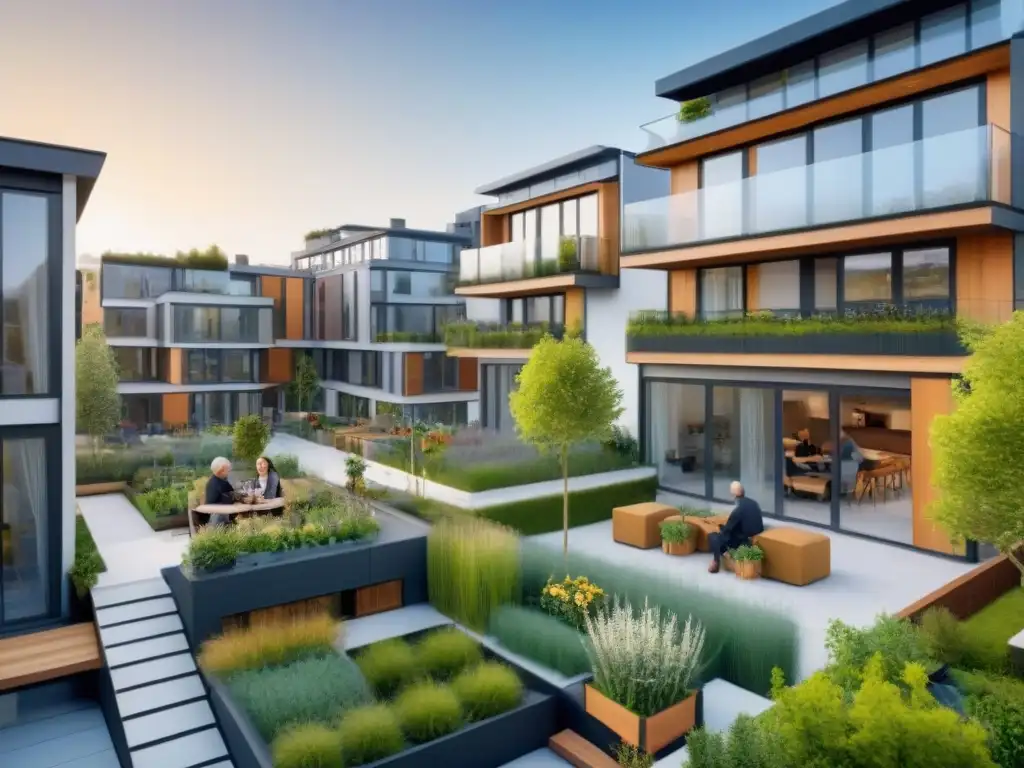Vida en comunidad: cohousing moderno y sostenible Una comunidad moderna y sostenible en un complejo de cohousing con residentes disfrutando