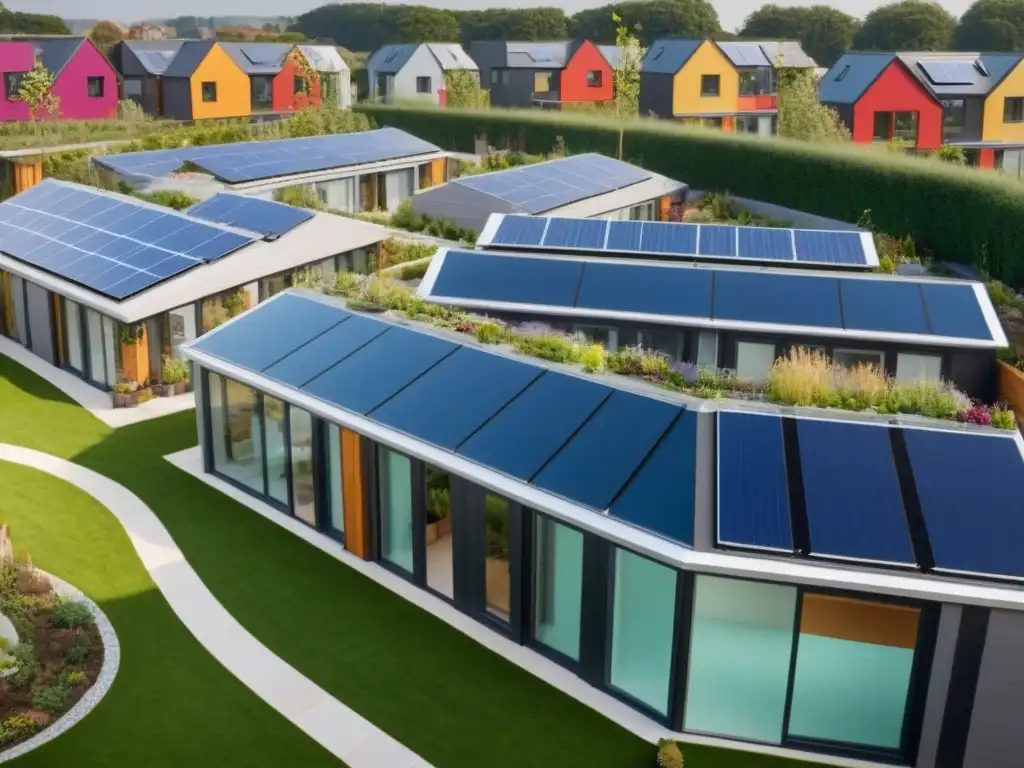 Cohousing sostenible: vida moderna y comunitaria Una comunidad de cohousing moderna y sostenible con residentes diversos disfrutando de actividades comunales