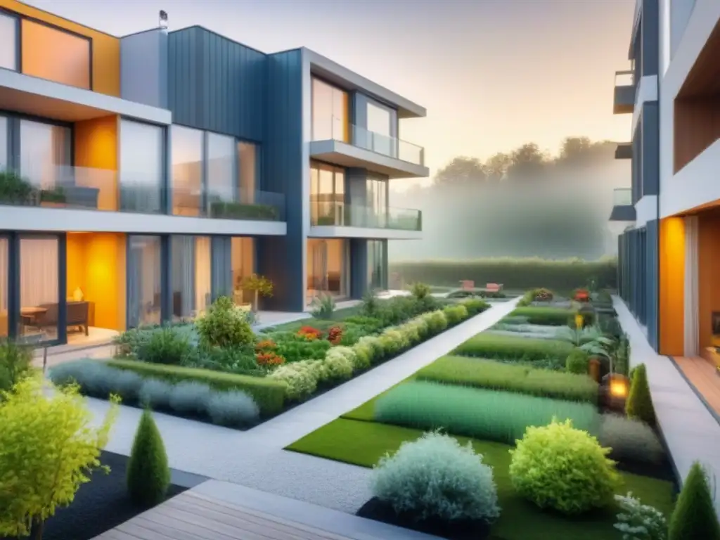 Cohousing sostenible: solución a crisis global de vivienda Una comunidad de co-housing moderna y sostenible como solución a la crisis de vivienda, con espacios comunitarios vibrantes y residentes diversos disfrutando de actividades como la jardinería y la socialización