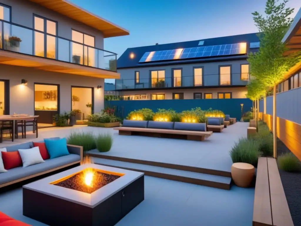 Comunidad eco-sostenible: convivencia moderna y diversa en armonía Una comunidad moderna y vibrante de cohousing, con espacios verdes y áreas comunes, reflejando la tendencia cohousing mercado inmobiliario