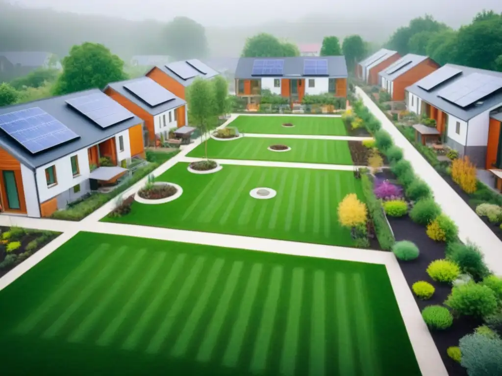 Comunidad de cohousing: vida compartida en armonía Una comunidad de cohousing moderna y vibrante con diseño integral y espacios verdes, donde la diversidad y la convivencia son clave