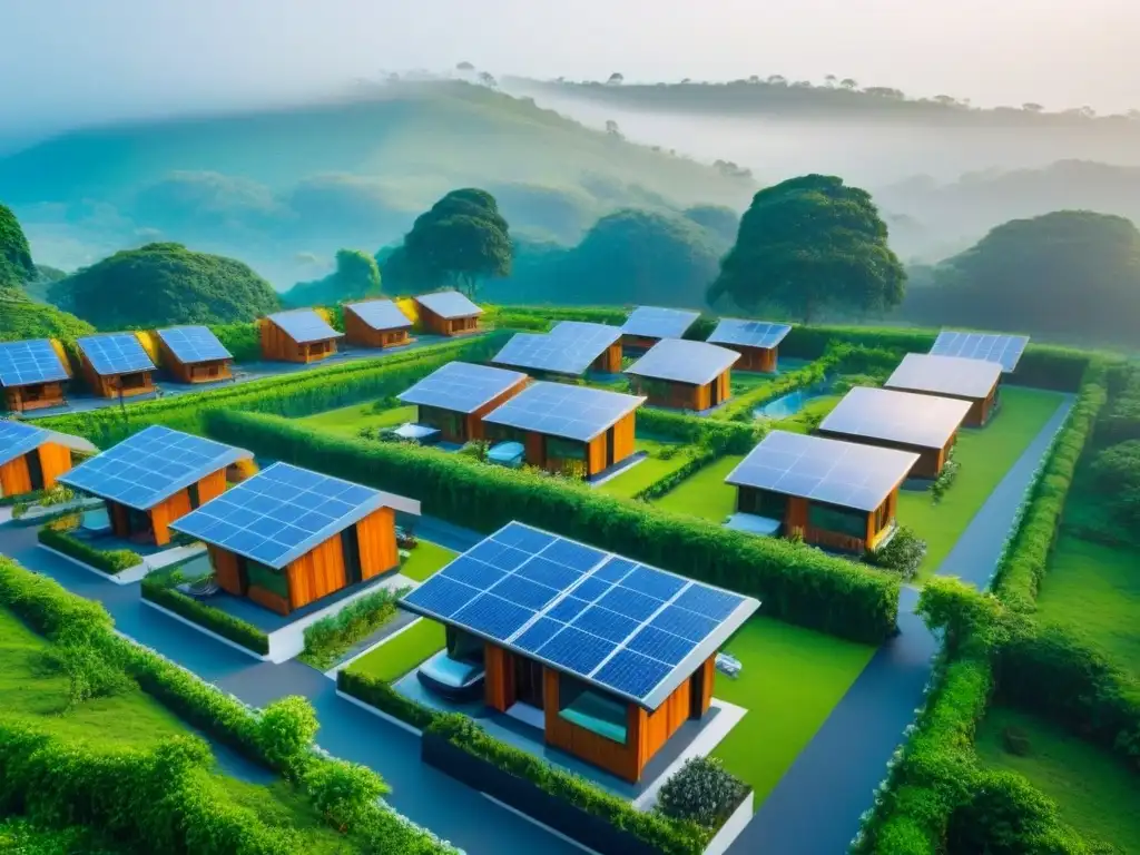 Desarrollo eco-amigable: arquitectura verde y comunidad sostenible Una comunidad ecológica rentable con modernas viviendas sostenibles integradas en la naturaleza