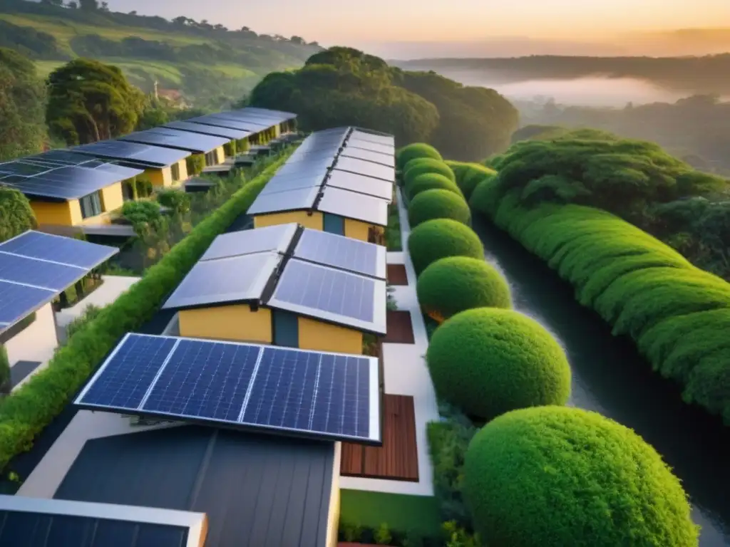 Comunidad ecológica: arquitectura moderna entre la naturaleza Una comunidad residencial ecoamigable se integra armoniosamente con la naturaleza al atardecer