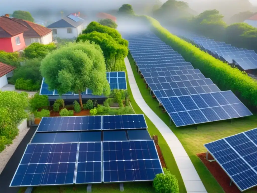 Renovación sostenible: comunidad resiliente tras desastre Una comunidad resiliente reconstruye tras un desastre, con propiedades renovadas y sostenibles