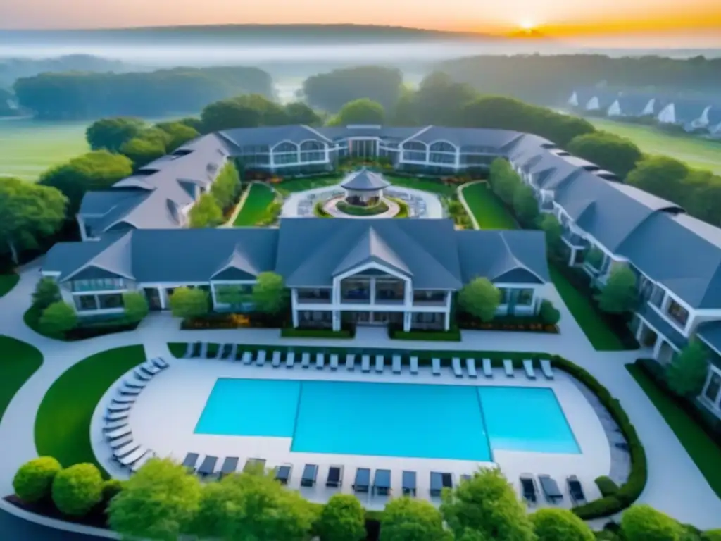 Retiro de lujo al atardecer: inversión inmobiliaria exclusiva Comunidad de retiro moderna con jardines, senderos y amenidades de lujo al atardecer