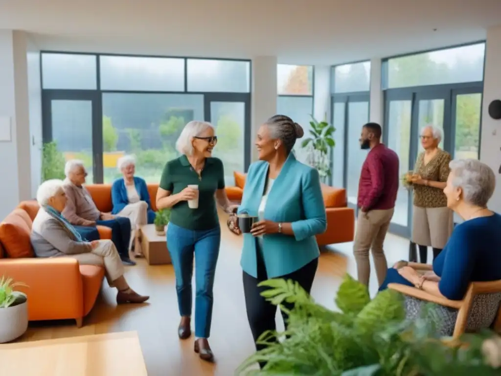 Comunidad de convivencia feliz y diversa en espacio moderno Comunidad de cohousing como solución a crisis de vivienda: diversidad de personas interactuando felices en un espacio moderno y acogedor