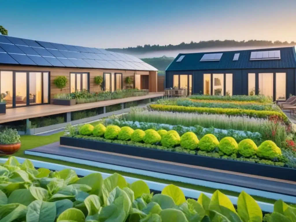 Comunidad sostenible: arquitectura ecoamigable y actividades verdes Una comunidad sostenible con arquitectura ecoamigable, gente diversa y actividades sustentables