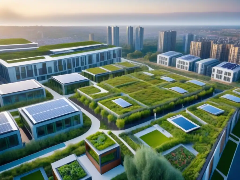 Eco-ciudad sostenible: armonía urbana y natural Una comunidad sostenible en un entorno urbano vibrante, con edificios ecofriendly y gente disfrutando actividades al aire libre
