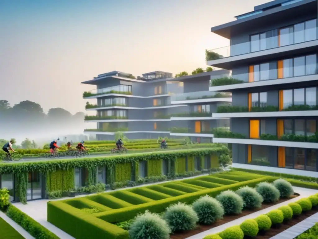 Eco-complejo moderno: armonía entre naturaleza y vida urbana Comunidad sostenible con paneles solares, naturaleza exuberante y prácticas ecológicas en propiedades multifamiliares