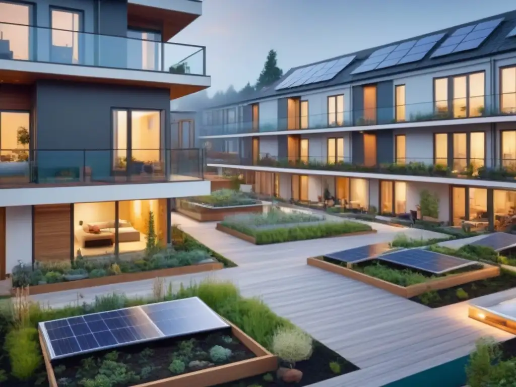 Comunidad eco-sostenible: convivencia moderna y verde en acción Una comunidad de cohousing sostenible con residentes de diversas culturas disfrutando de espacios al aire libre y actividades comunitarias