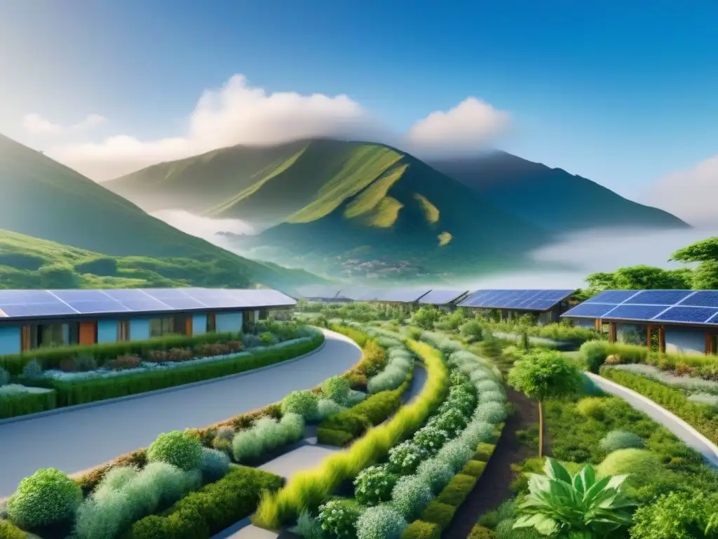Comunidad sostenible en armonía: vida ecofriendly en la naturaleza Una comunidad sostenible en terrenos sin desarrollar, con edificios ecoamigables, jardines en azoteas y residentes disfrutando de la naturaleza