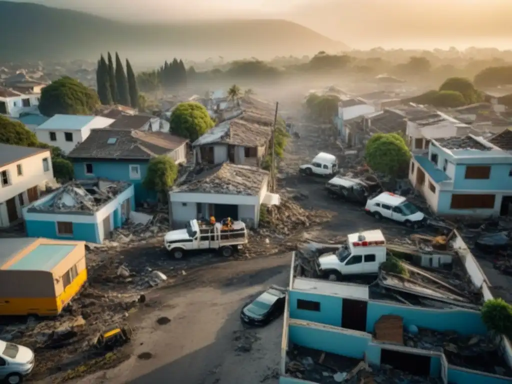 Caos y solidaridad: zona residencial devastada por desastre natural Comunidad unida reconstruyendo después de un desastre, destacando adaptaciones para propiedades post-desastres