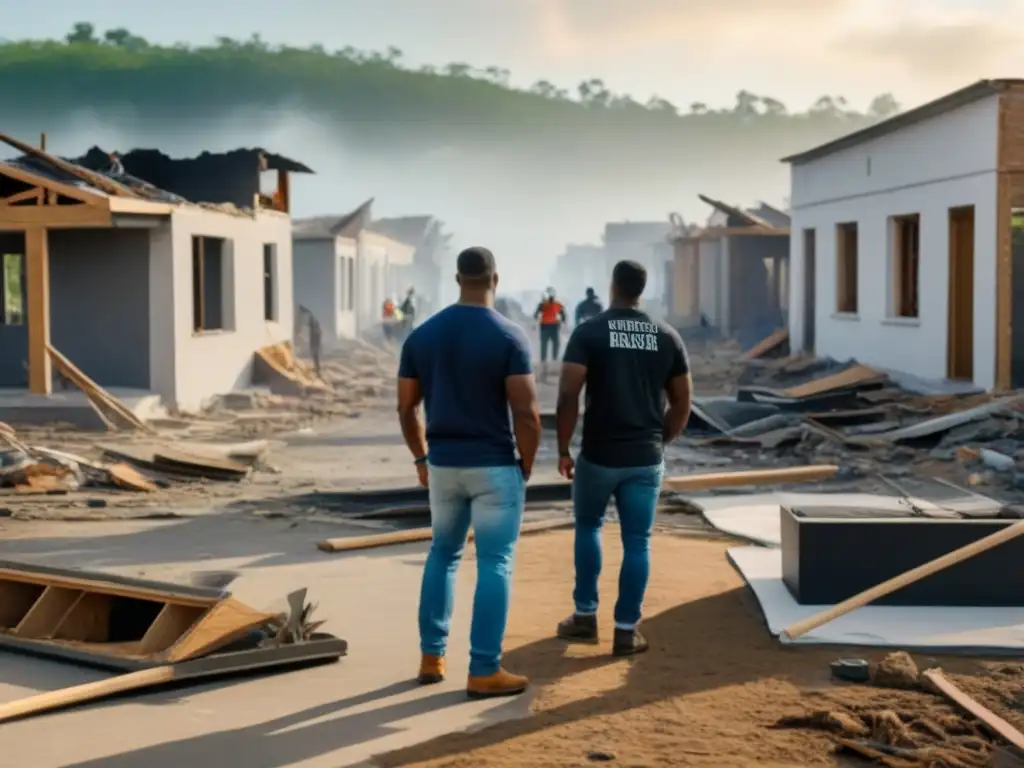 Comunidad resiliente reconstruyendo juntos tras desastre Comunidad unida reconstruye propiedades afectadas por desastres, mostrando fuerza y esperanza en la adversidad