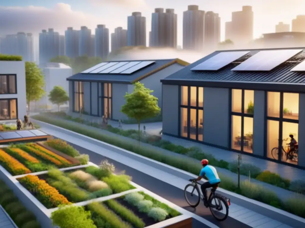 Comunidad urbana sostenible: armonía entre naturaleza y desarrollo Una comunidad urbana vibrante con diseño sostenible: techos verdes, paneles solares, y sistemas de recolección de agua