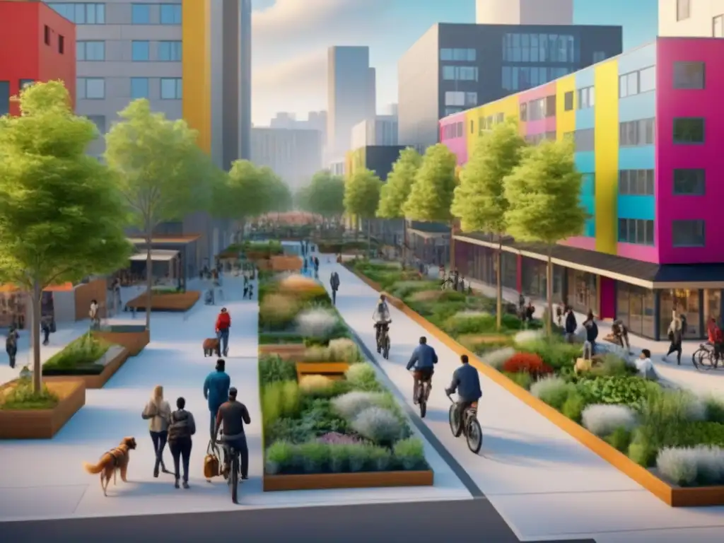 Vida urbana sostenible: escena vibrante en comunidad diversa Una comunidad urbana vibrante con estrategias de revitalización inmobiliaria y participación comunitaria