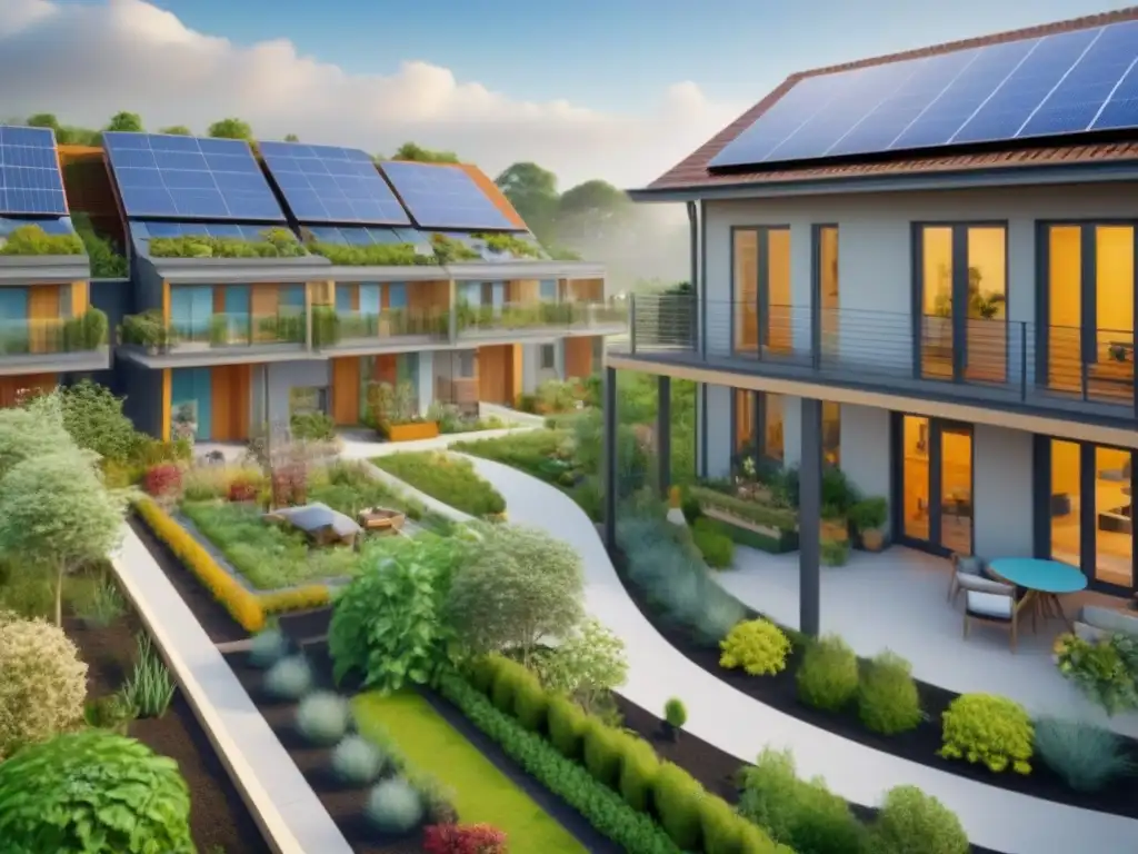 Comunidad sostenible: vida ecoamigable y conectada en cohousing Una comunidad vibrante de cohousing con arquitectura sostenible, residentes diversos y actividades ecoamigables