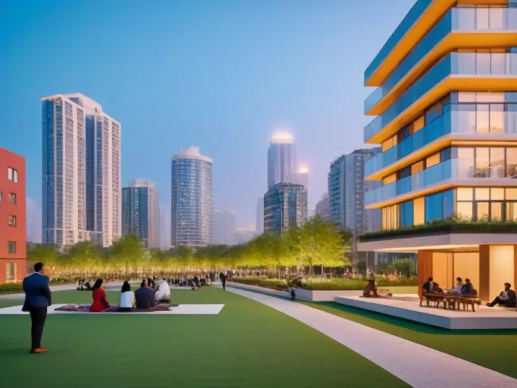 Comunidad vibrante en ciudad con vivienda asequible y sostenible Comunidad vibrante en parque urbano con inversión vivienda asequible mercado internacional