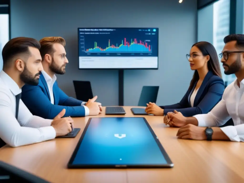 Inversores PropTech en acción: colaboración y éxito Comunidades de inversores en PropTech reunidos en una oficina moderna, discutiendo y colaborando frente a pantallas con datos inmobiliarios