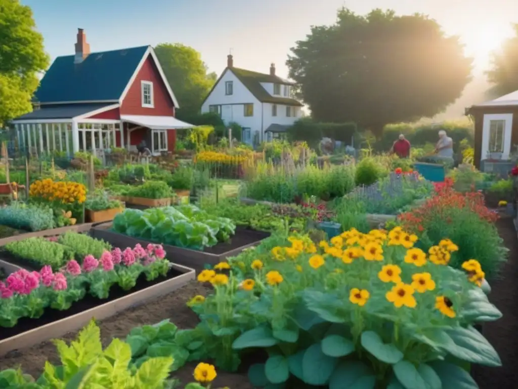 Jardín comunitario: color, vida y armonía en la ciudad Un jardín comunitario vibrante y exuberante, lleno de flores coloridas y huertos prósperos