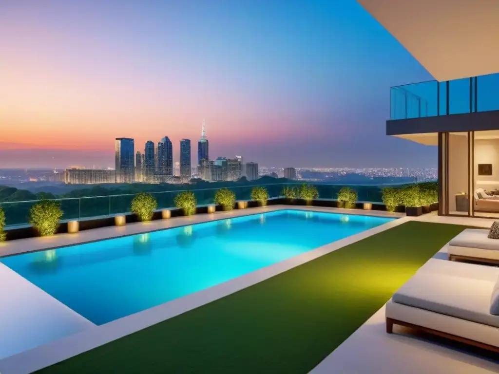 Condominio de lujo al atardecer: sofisticación urbana en América del Norte Un condominio de lujo al atardecer con ventanales y colores vibrantes, rodeado de vegetación y con vista a la ciudad