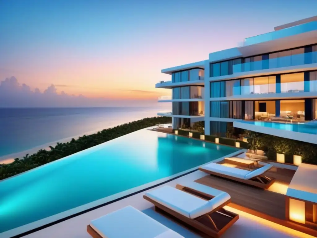 Condominio de lujo frente a playa paradisíaca Un condominio de lujo frente a una playa prístina con aguas turquesas, arquitectura moderna y piscinas infinitas en varios niveles
