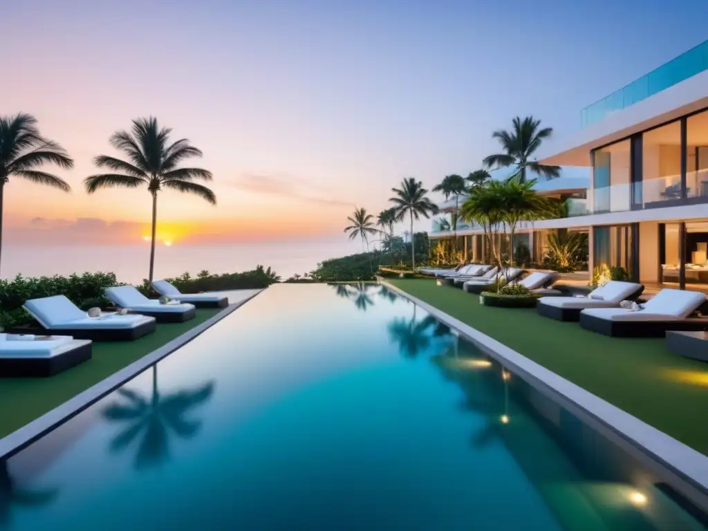 Residencial de lujo con piscina infinita y vistas al mar al atardecer Condominio de lujo con piscina infinita y vistas al mar al atardecer
