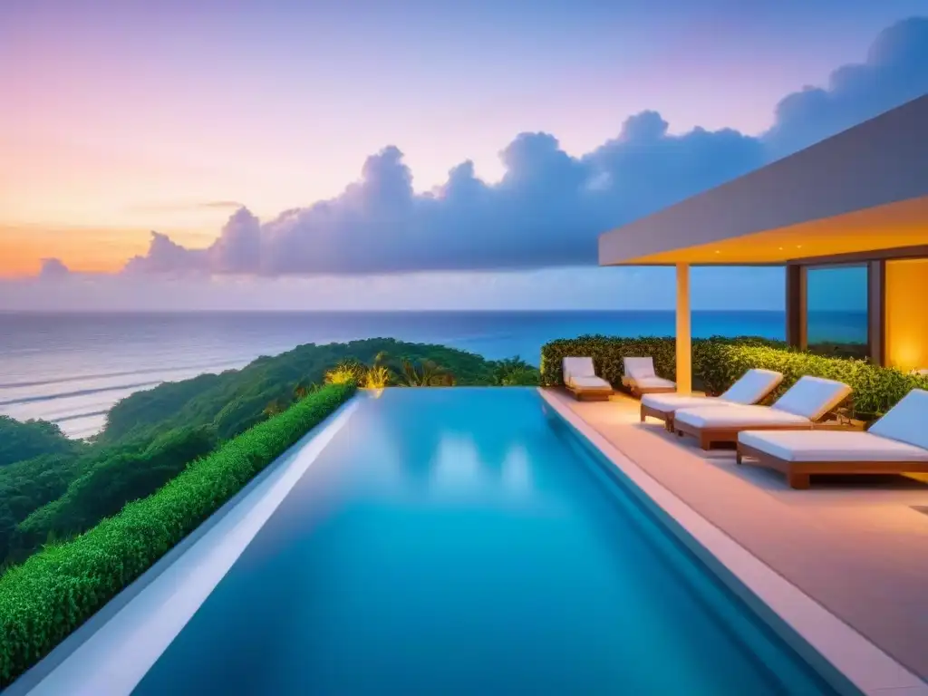 Complejo de lujo frente al mar al atardecer Condominio moderno de lujo con vistas al mar al atardecer