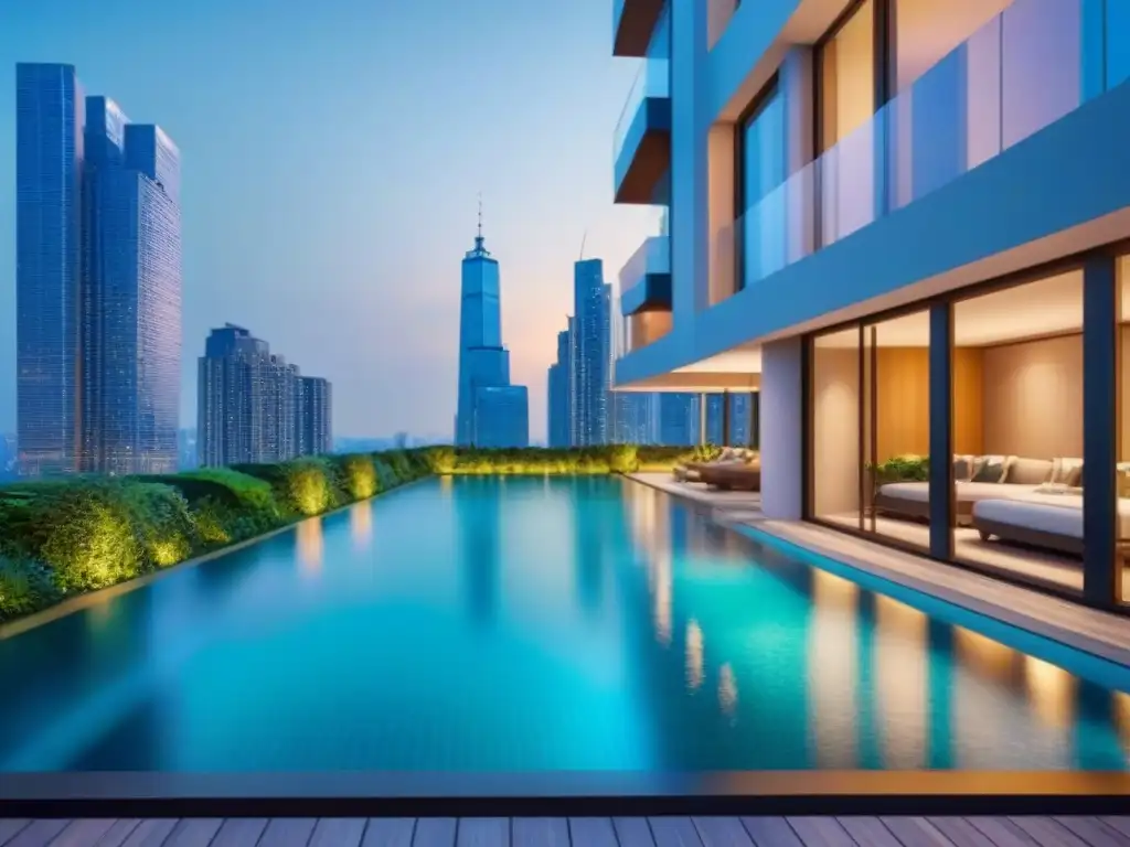 Exclusivo complejo de condominios de lujo en la ciudad Construir confianza marca inmobiliaria: Complejo de lujo con diseño arquitectónico moderno, rodeado de vegetación exuberante y agua reluciente