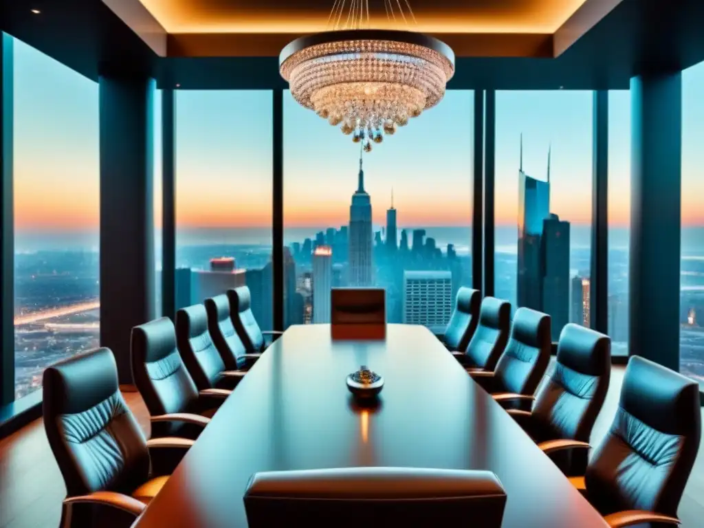 Salón de juntas de lujo con vista a la ciudad al anochecer Resolución de conflictos inmobiliarios internacionales en moderna sala de juntas con vista a la ciudad al anochecer