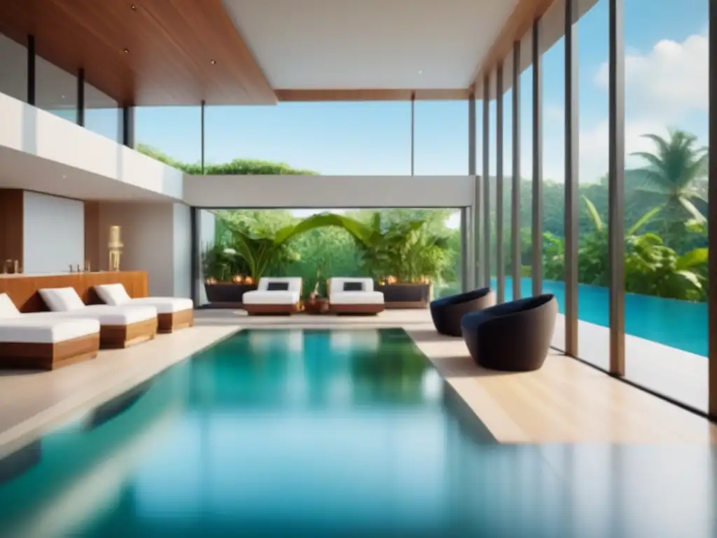 Recepción de lujo en complejo vacacional compartido con piscina cristalina Consejos para mejorar experiencia huéspedes: Lobby de lujo con pareja feliz, muebles elegantes y ventanales con vista a piscina y jardín tropical