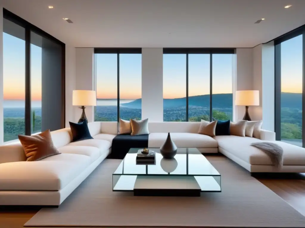 Sofisticado salón de lujo en estilo moderno con arte abstracto Consejos expertos interiorismo propiedad lujo: Lujoso salón moderno con sofá blanco, arte abstracto y elegante decoración