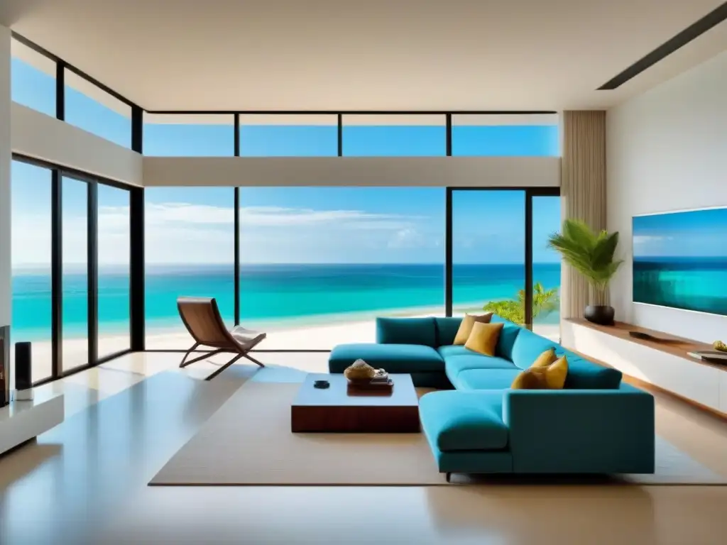 Salón de lujo frente al mar tropical: diseño contemporáneo y elegante Descubre consejos expertos venta tiempo compartido con esta lujosa sala minimalista con vista a la playa