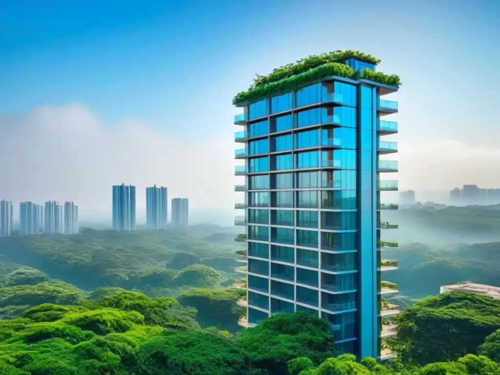 Edificio de lujo entre naturaleza: arquitectura moderna y exclusividad Consejos venta inmueble alto standing: Edificio de lujo rodeado de naturaleza, ventanales reflejando el cielo azul