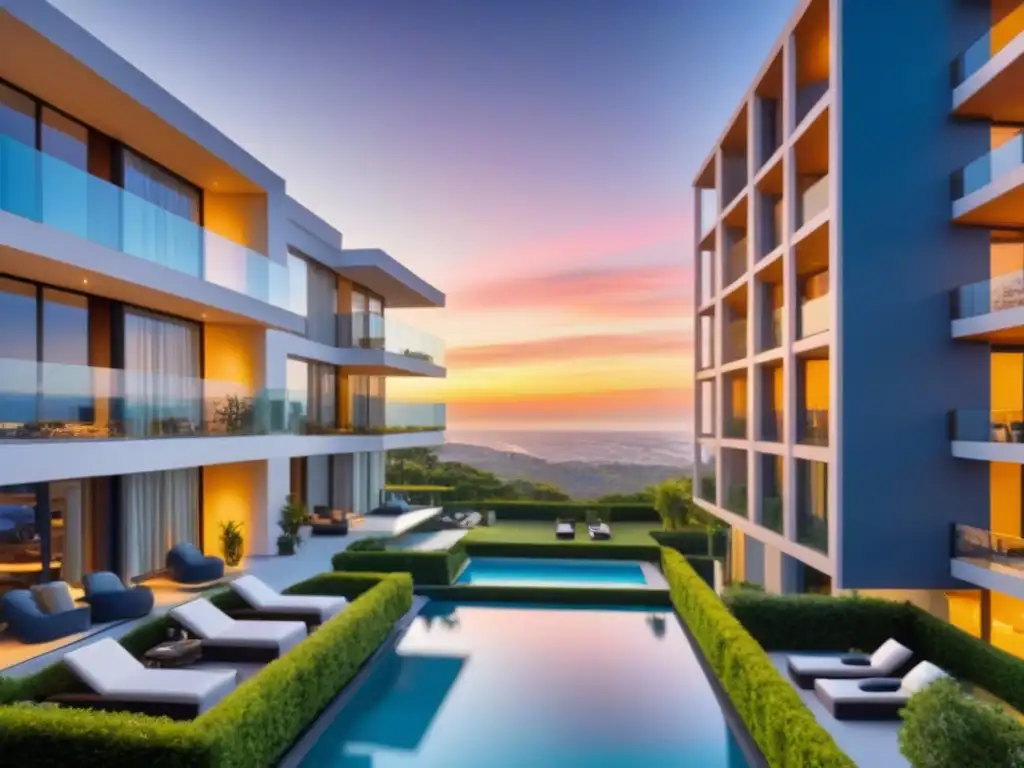 Condominio moderno al atardecer: lujo y sofisticación Consejos para fijar precio: Condominio moderno en atardecer vibrante y lujoso, rodeado de vegetación tranquila