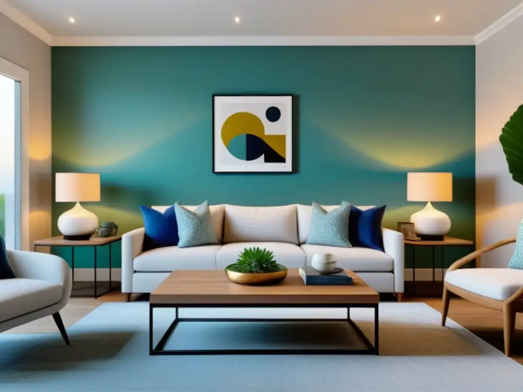 Sofisticada sala de estar virtual: diseño moderno y acogedor Consejos para Home Staging virtual: Sala moderna con elegante decoración en tonos neutros y toques de azul y verde