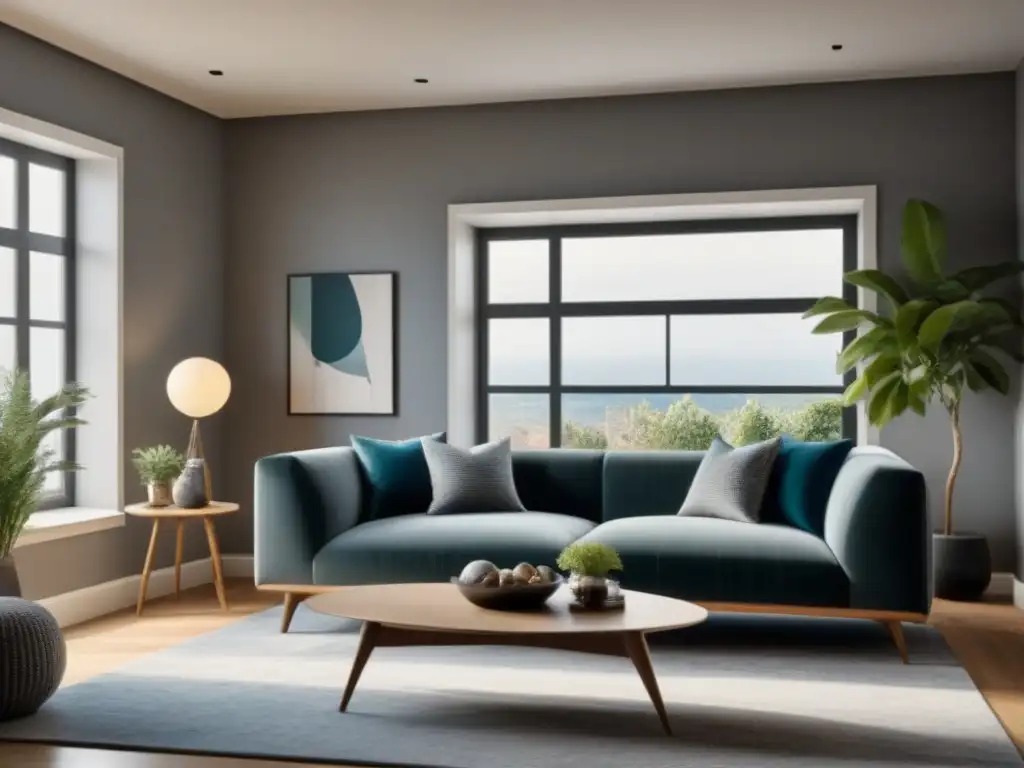 Salón de lujo con sofá de terciopelo gris y arte abstracto Consejos para Home Staging virtual: Sala elegante con sofá de terciopelo gris, mesa de centro geométrica y arte abstracto en las paredes